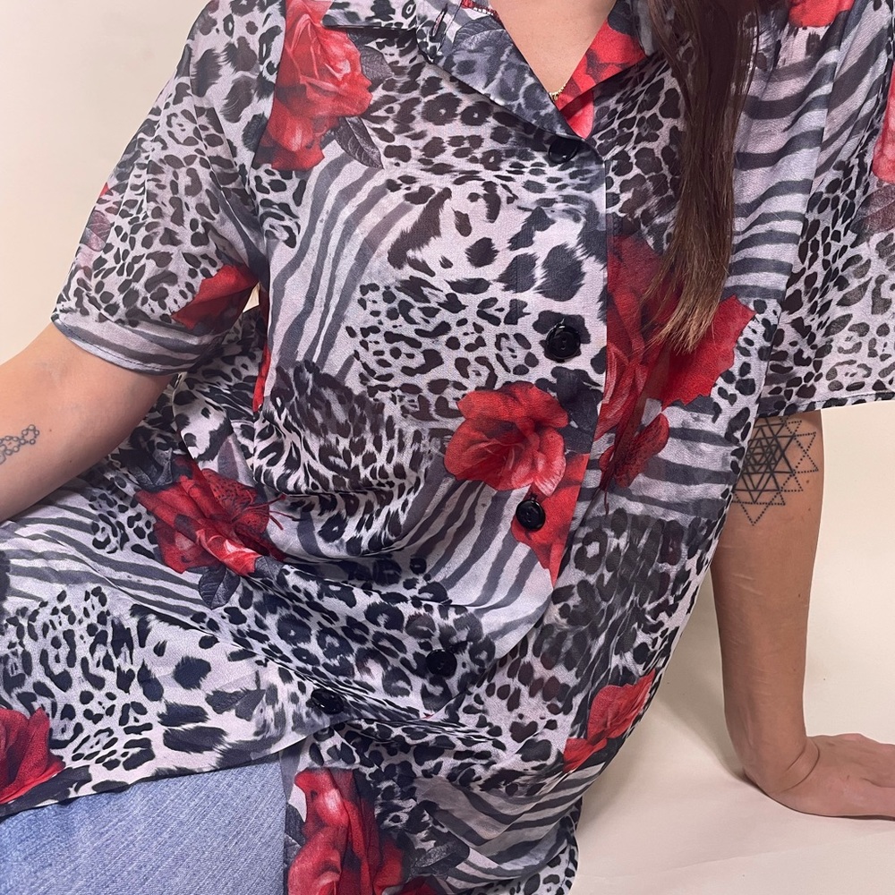 Vintage 90s cheetah leopard print and floral print semi sheer button down shirt